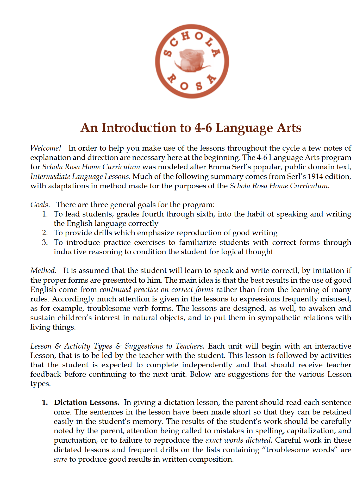 Language Arts 4-6: Schola Rosa Cycle 1 Language Arts 4-6: Schola Rosa Cycle 1