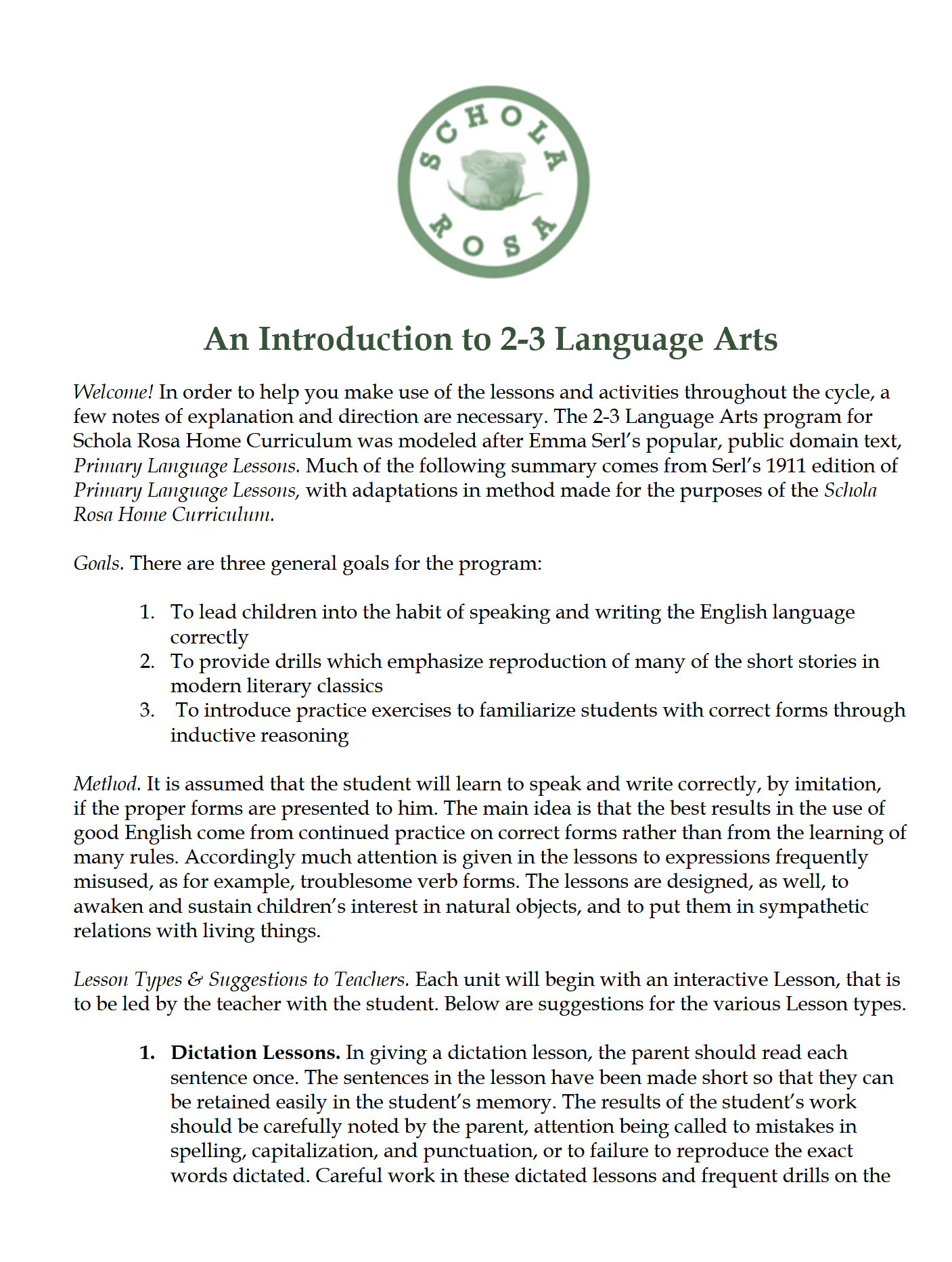 Language Arts 2-3: Schola Rosa Cycle 2 Language Arts 2-3: Schola Rosa Cycle 2