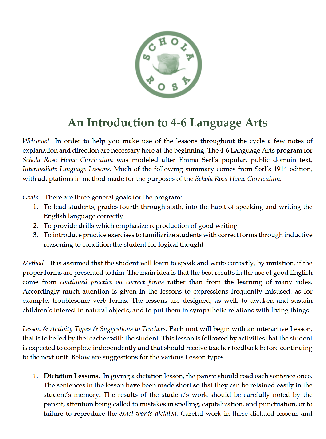 Language Arts 4-6: Schola Rosa Cycle 2 Language Arts 4-6: Schola Rosa Cycle 2