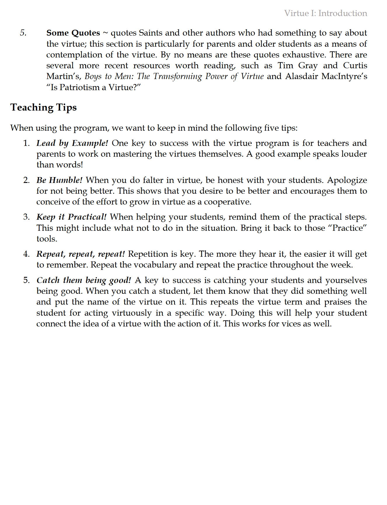 Virtue I: Focusing on the Cardinal Virtues (K-6) Virtue I: Focusing on the Cardinal Virtues (K-6)