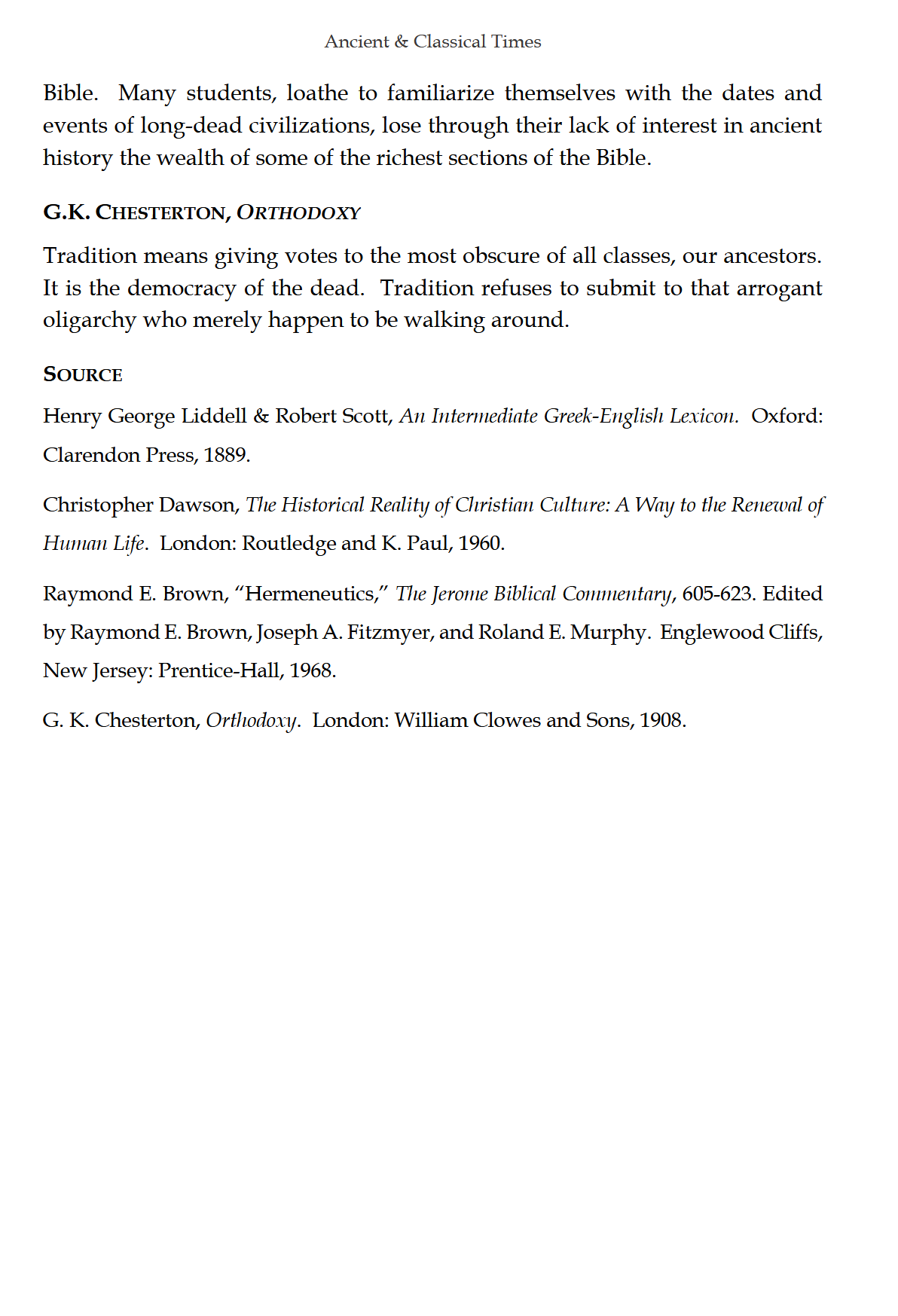 Ancient & Classical Times READER: Traditio Nostra I Ancient & Classical Times READER: Traditio Nostra I