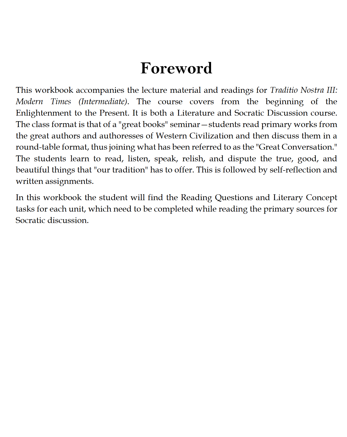 Modern Times WORKBOOK: Traditio Nostra III Modern Times WORKBOOK: Traditio Nostra III