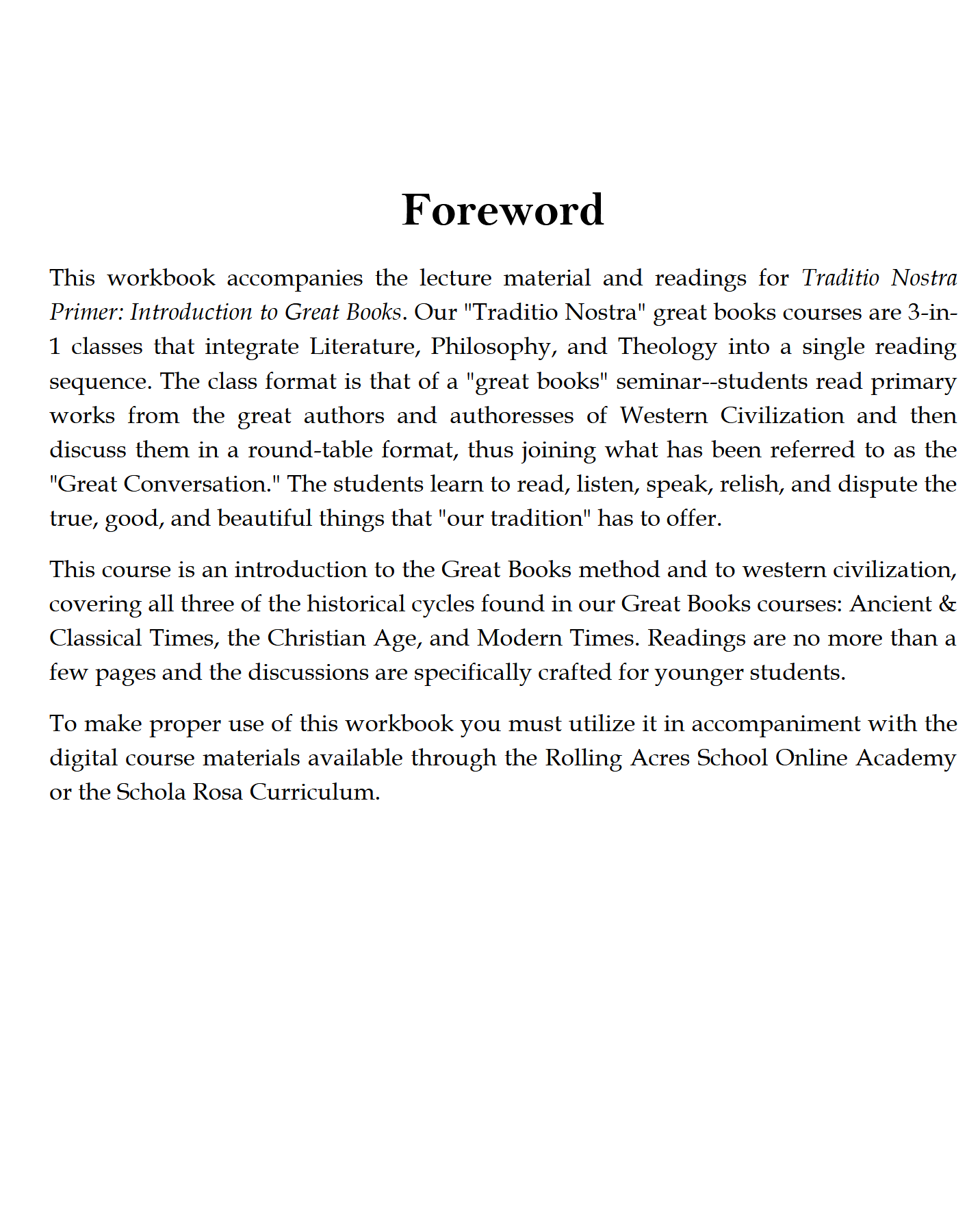 Introduction to Great Books Workbook: Traditio Nostra Primer Introduction to Great Books Workbook: Traditio Nostra Primer